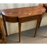 Reproduction yew wood break front single drawer side/console table on square tapering legs. (B.P.