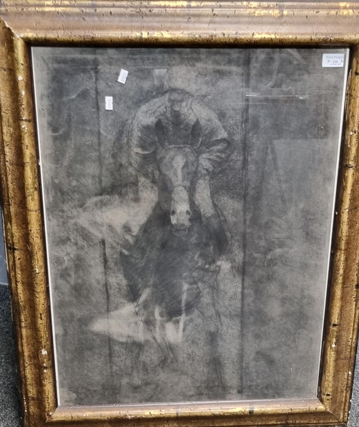 Mark Ivan Clark, study of a jockey at full gallop, black chalk. Gilt glazed frame. 71 x 57cm approx.