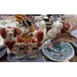 Tray of assorted items: pair of white Beswick Staffordshire dogs, pair of red and white