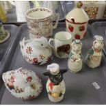 Tray of assorted china to include: two bird ornaments with Imari colours, an art pottery salt and