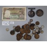 Bag of assorted GB silver and copper coinage, 1914-18 War medal, Reserve bank of India 5 rupee