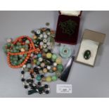 Collection of jade jewellery, coral necklace, Victorian necklace, hardstone bracelet with silver