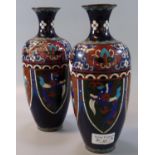 Pair of Japanese cloisonné baluster vases, the body with shields decorated with stylised