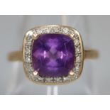 9ct gold amethyst and diamond dress ring. 2.8g approx. Ring size P. (B.P. 21% + VAT)
