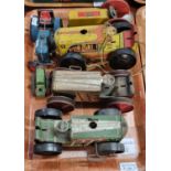 Collection of mainly tin plate tractors, some wind-up, various, also a wooden Chad Valley tractor
