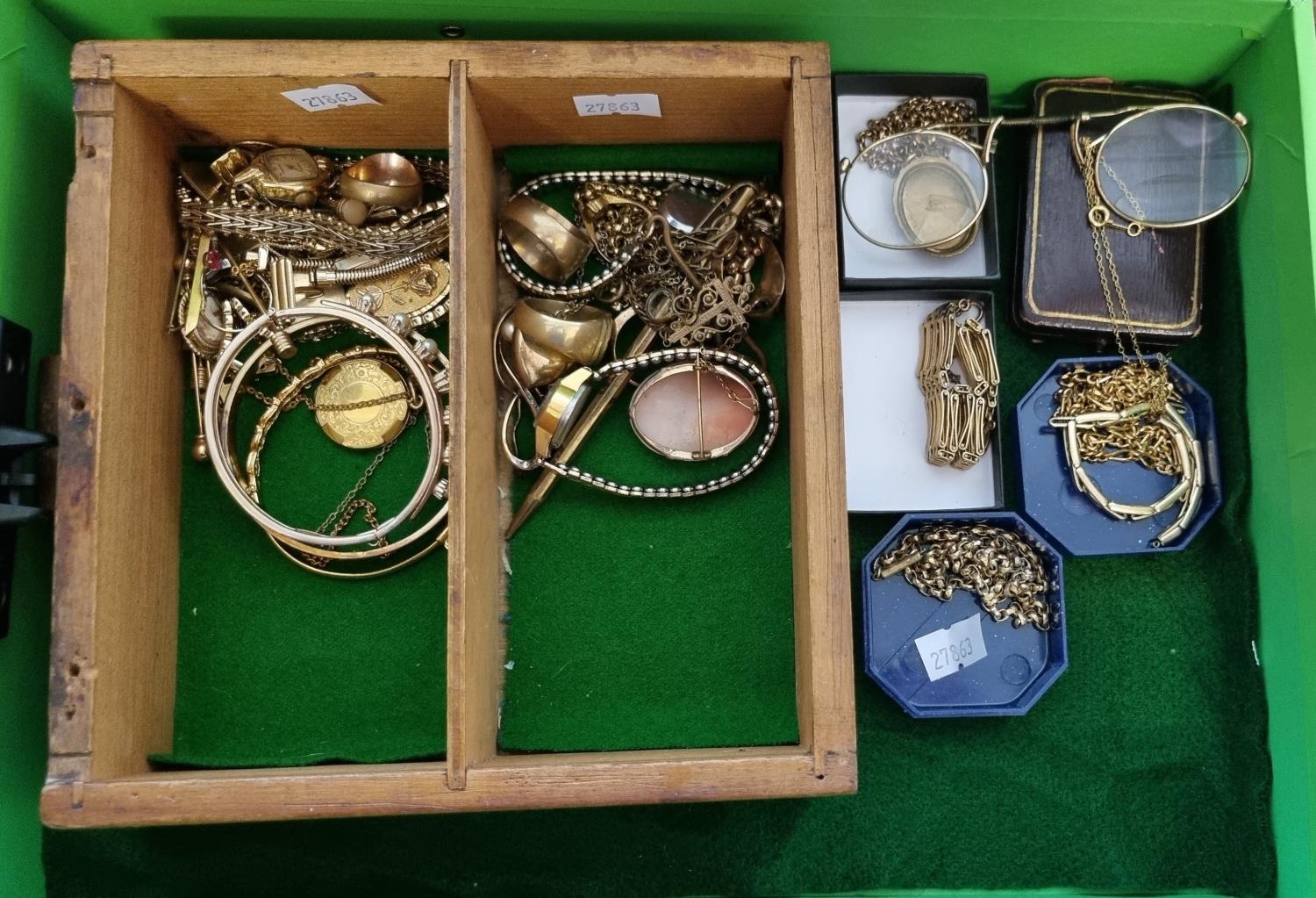 Box file rolled gold and Victorian rolled gold, to include: necklaces, bracelets, rings, bangles,