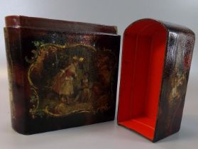 Unusual lacquered box and cover in the form of a book, hand painted with 18th century figural