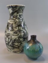 Modern Art pottery vase of mallet shaped form, overall with a shoal of fish. 24cm high approx.