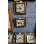 A group of framed hand painted ceramic tiles emulating cave paintings depicting animals. 13.5 x 14cm