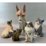 Collection of Royal Copenhagen porcelain animals to include: cats, Pekinese dog etc. Together with a