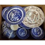 Box of china; mostly blue and white to include; Churchill 'Willow' and other willow pattern, Johnson