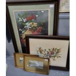 Group of four furnishing pictures to include; two still life prints; one with birds and a pair of