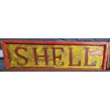 Vintage style painted wooden 'Shell' petrol sign. Appearing in later frame. 17 x 65cm approx. (B.
