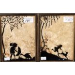 Two framed silhouette pictures of young children with animals. 18.5 x 13.5cm approx. Framed. (2) (