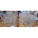 Two trays of assorted glassware: frosted glass tumblers decorated with sheep, large moulded glass