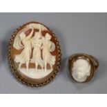 9ct gold carved cameo oval pin brooch 'The Three Graces', together with a similar cameo portrait