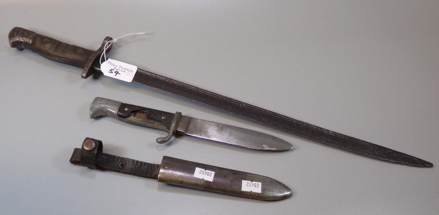 German WWII period Hitler Youth type dagger dated 1940, damaged scales in metal scabbard, together