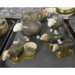 Tray containing ceramic sheep; various 'Quail' ceramics Swaledale ram and ewe items; eggcup, salt