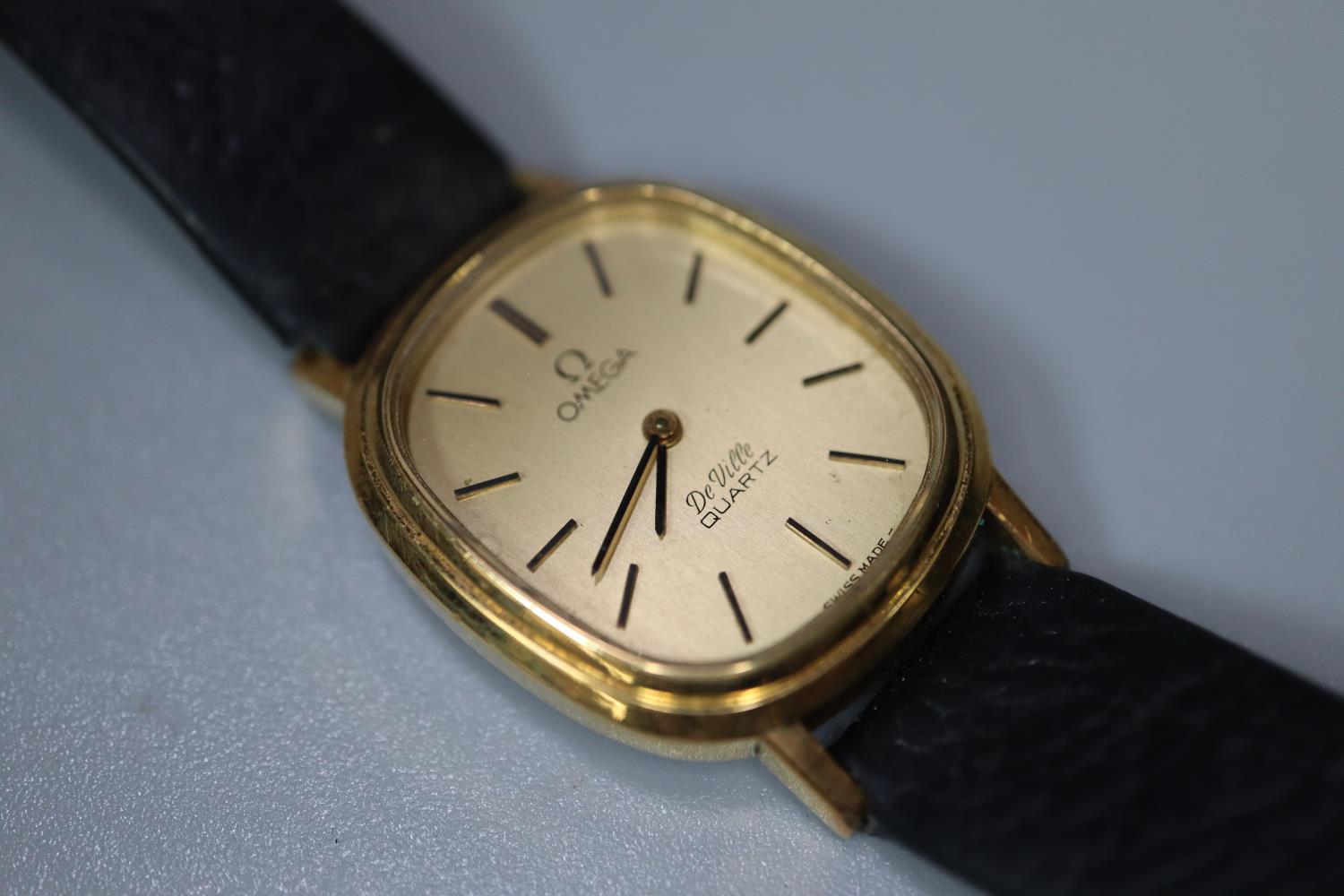 Omega gold plated lady's oval faced Deville quartz wristwatch with leather strap. Lacks crown. - Image 2 of 2