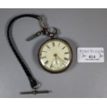 Silver open faced pocket watch with Roman numerals and enamel face, with key. Chester Hallmarks. (