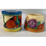 Clarice Cliff Bizarre 'Gayday' design preserve jar and cover (the cover cracked in half). Together