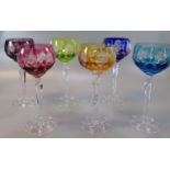 Set of six flash cut multi-coloured hock glasses. Unmarked. (6) (B.P. 21% + VAT)