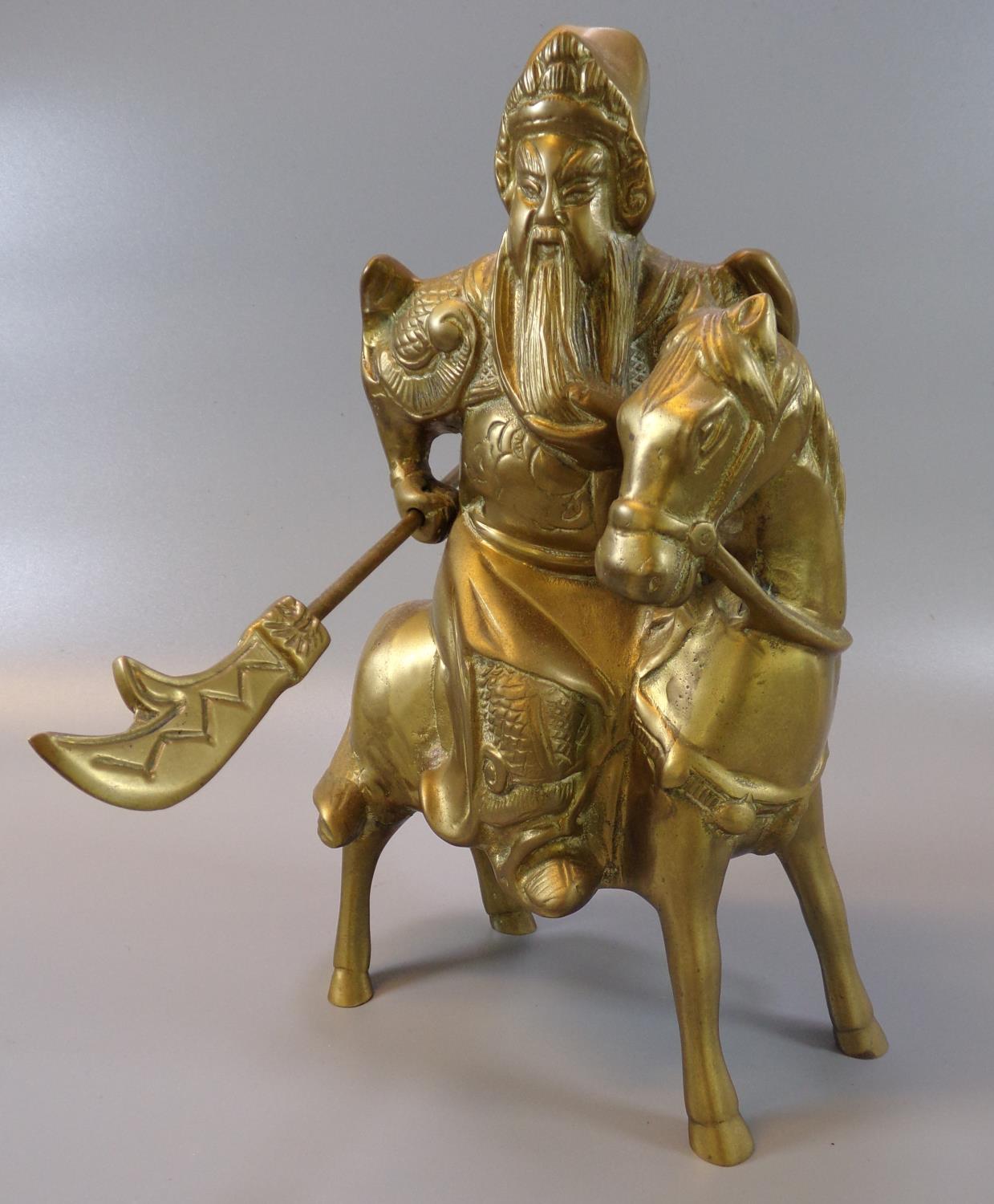 Vintage Chinese brass warrior on a brass horse, including Qiang spear/polearm. (B.P. 21% + VAT)