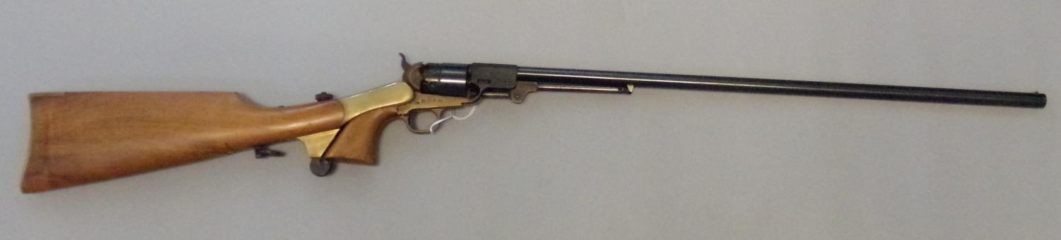 Replica Colt long barrelled (63cm approx.) percussion revolver with detachable brass mounted