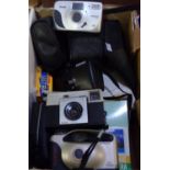Box of cameras and camera equipment to include: various cases, Panorama Wide pic x 2 (one in