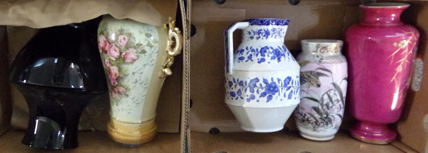 Two boxes containing large pottery jugs, vases and urns to include: a lustre rose design two handled