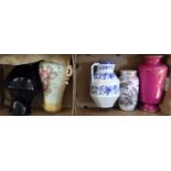 Two boxes containing large pottery jugs, vases and urns to include: a lustre rose design two handled