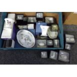 Box of Wedgwood items, mostly boxed miniatures including; teapot, miniature vases, coffee pot etc,