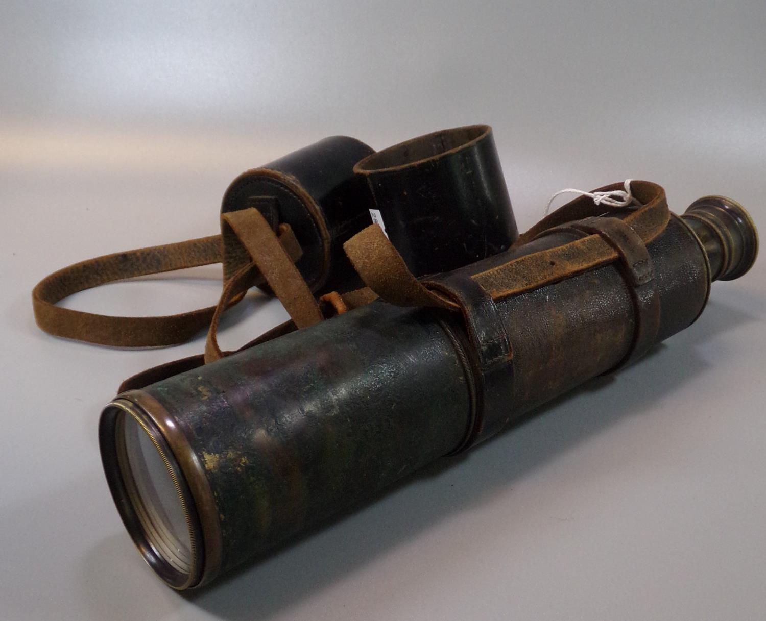 Brass five draw telescope with patinated finish and leather cover. Un-named. (B.P. 21% + VAT)