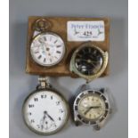 Small card box comprising a silver plated open faced pocket watch, a small silver lady's fancy fob