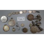 Bag of silver coins and other items, to include: 1750 Thaler, silver threepence coins, German Thaler