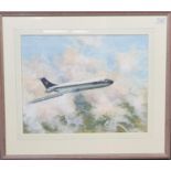 John Hutchins, Vickers VC10 airliner in BOAC colours, signed and dated 1999, watercolours. 37 x 49cm