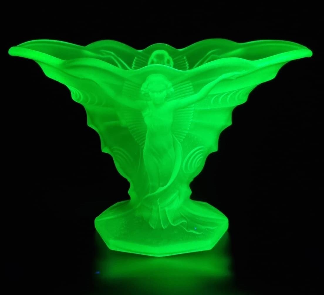 Art Deco design uranium glass vase, in the Schmetterling (butterfly) pattern. Probably by