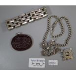 Silver chain with two pendants, a silver gate bracelet, and a silver mounted hardstone pendant