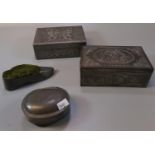 Collection of pewter items, to include: pin cushion in the form of a shoe, a lidded box of tablet