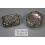 White metal wrythen design cushion shaped snuff box together with another possibly Indian circular