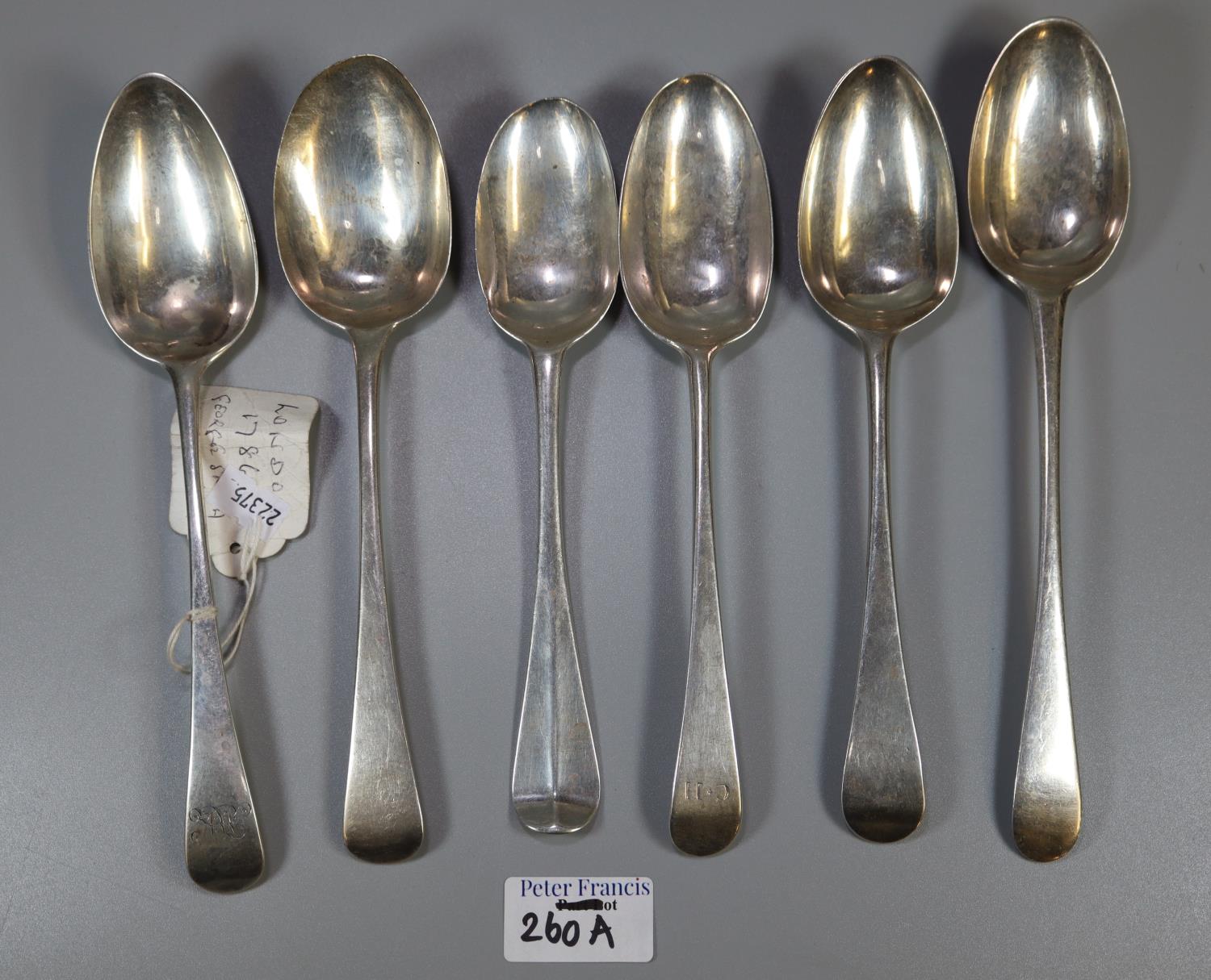 Six Georgian silver tablespoons, three with rubbed marks. 12 troy ozs approx. (B.P. 21% + VAT)