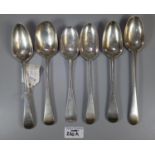 Six Georgian silver tablespoons, three with rubbed marks. 12 troy ozs approx. (B.P. 21% + VAT)