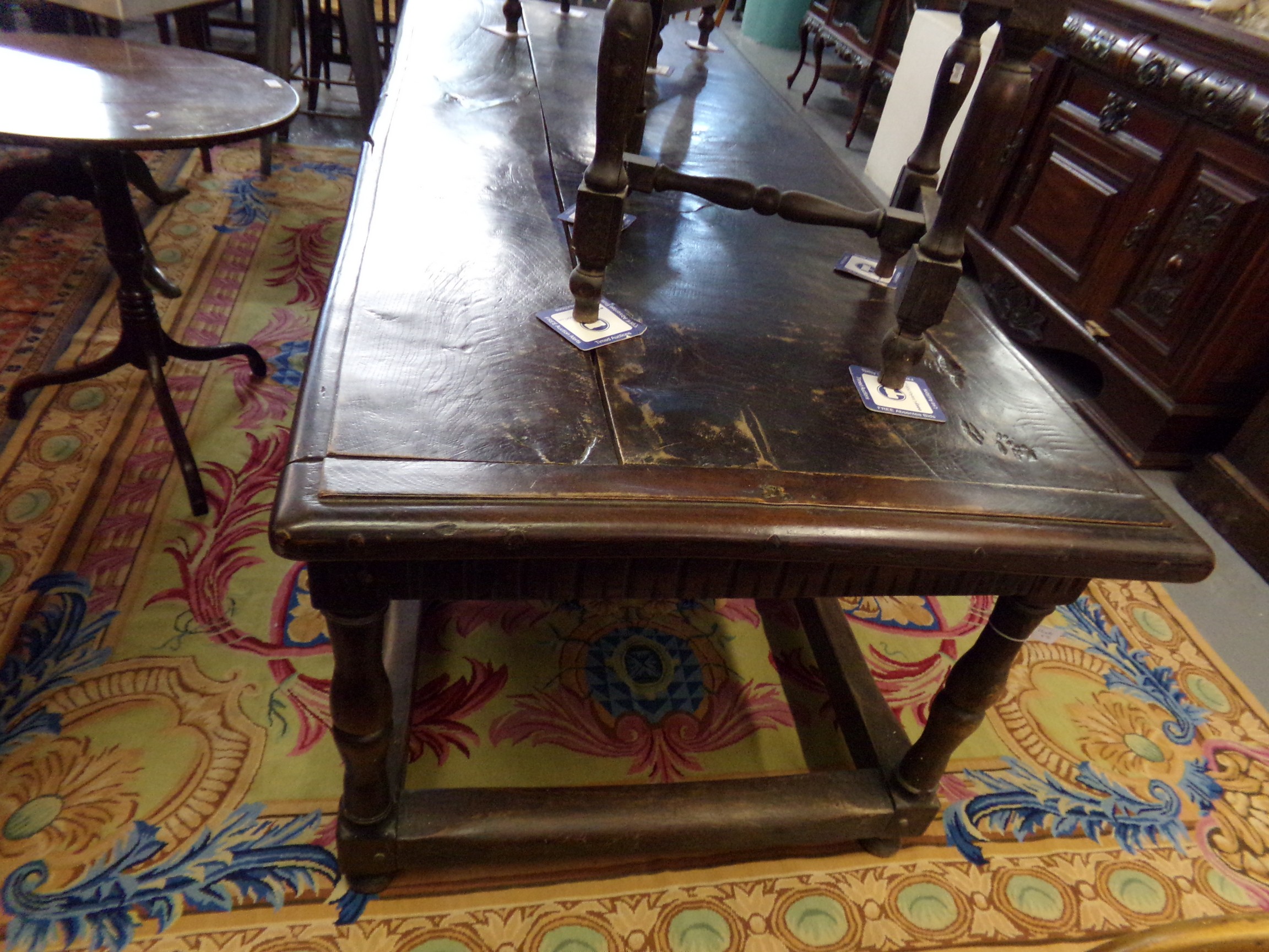 17th century style oak refectory table having framed two plank top over arcade frieze with - Image 6 of 6