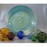 Large lustre Art glass charger or centre bowl with swirl decoration and ribbed rim. 45cm diameter
