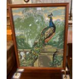Tapestry fire screen depicting a peacock on a plinth. (B.P. 21% + VAT)