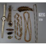 Bag of assorted yellow metal gold plated and other costume jewellery, modern watches etc. (B.P.