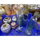 Tray of collectables: six glass bottles including a cod bottle: 'Dan Rylands, Barnsley', a small