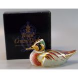 Royal Crown Derby bone china paperweight 'Baikal Teal', with gold stopper and original box. (B.P.