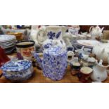 Tray of assorted china: Wileman & Co, Foley china teapot decorated with blue and white blossom and