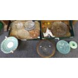 Two boxes of glass and china to include: various moulded glass bowls, moulded and frosted glass